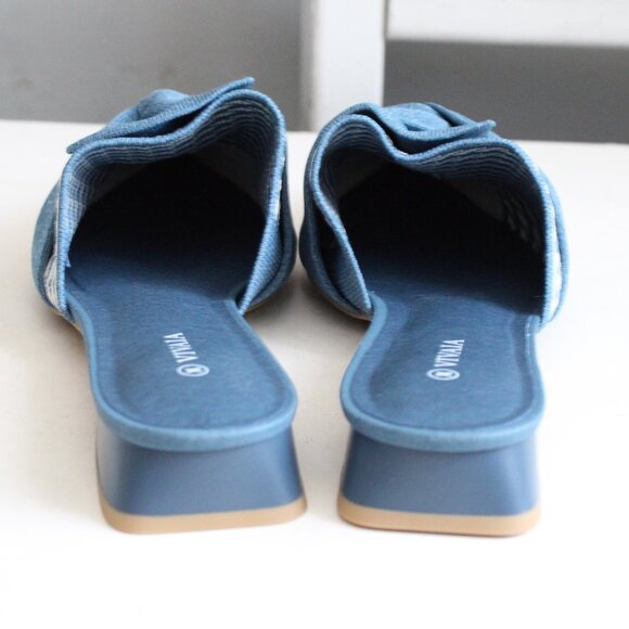 Vivaia Blue Denim White Pointed-Toe Knot Sandals Heel Mules (Yaffa Pro) Size 11 - Picture 5 of 10